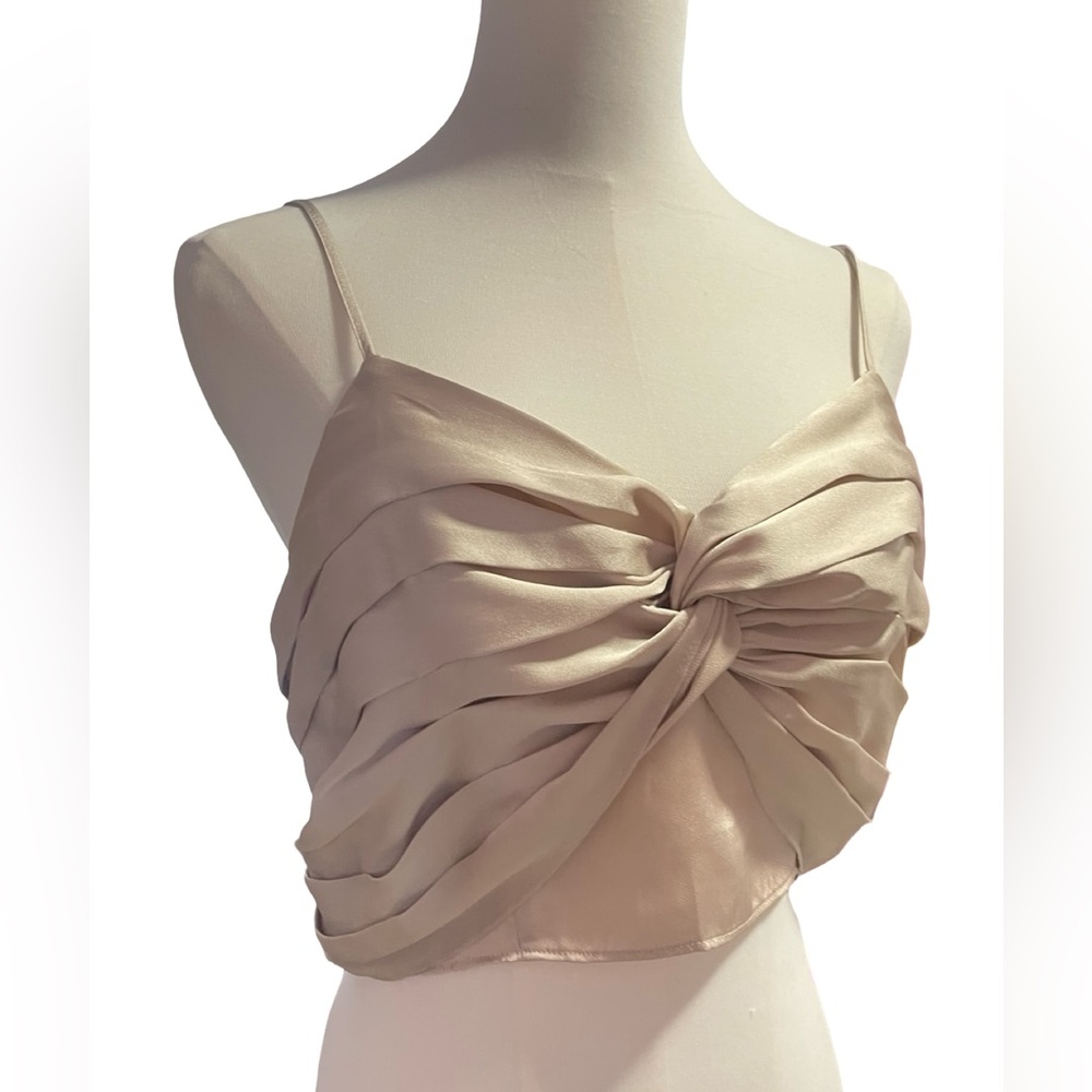 Express Satin Twist-Front Crop Top in Beige
